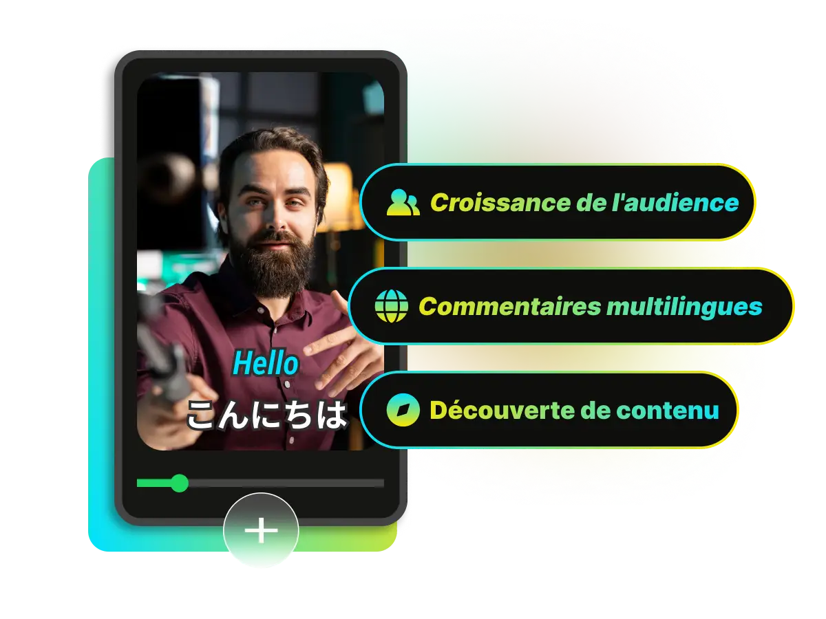 Interface vidéo avec des sous-titres traduits et des indicateurs de performance